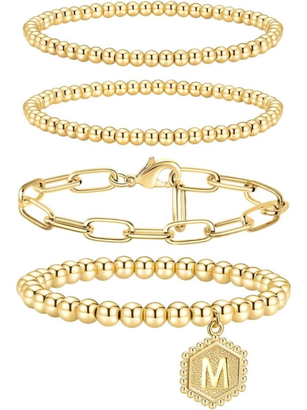 Personalized 14K Gold Stackable Bracelets Set with Initial Charm - Trendy Gift